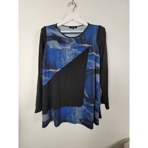 Comfy USA Womens Medium Long Sleeve Abstract Tunic Top Black Blue Asymmetric